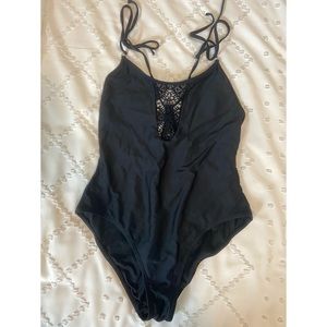 Black Lace Detail One Piece Swimsuit